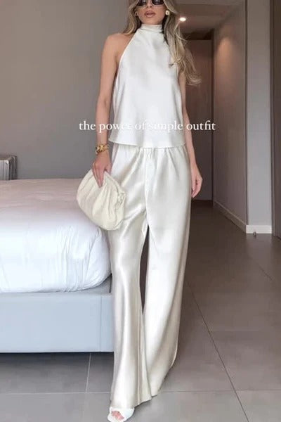 Modern Day Glam Satin Halter Tie-up Tank and Elastic Waist Wide Leg Pants Set
