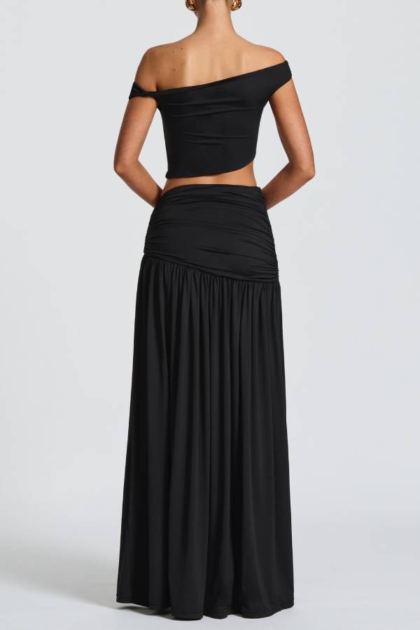 Off-shoulder Metallic Flower Ruched High-Slit Maxi Two-Piece Set