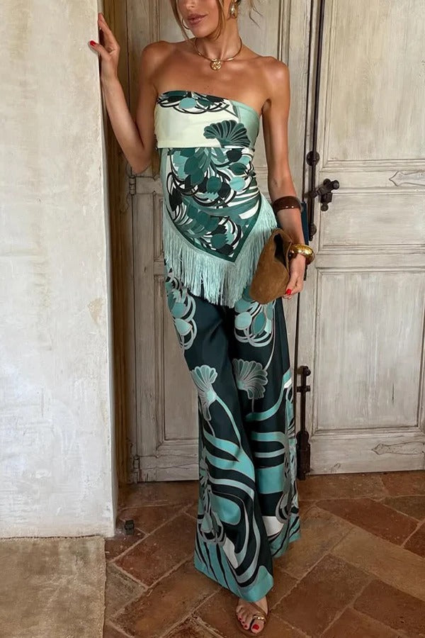 Aurie Satin Unique Artistic Print Tassel Trim Scarf Top and Elastic Waist Pocket Loose Pants Set