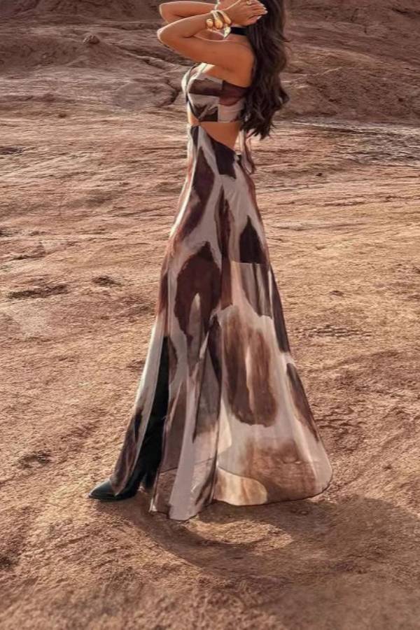 Spaghetti Strap Cutout Animal Print Chiffon Slit Maxi Dress