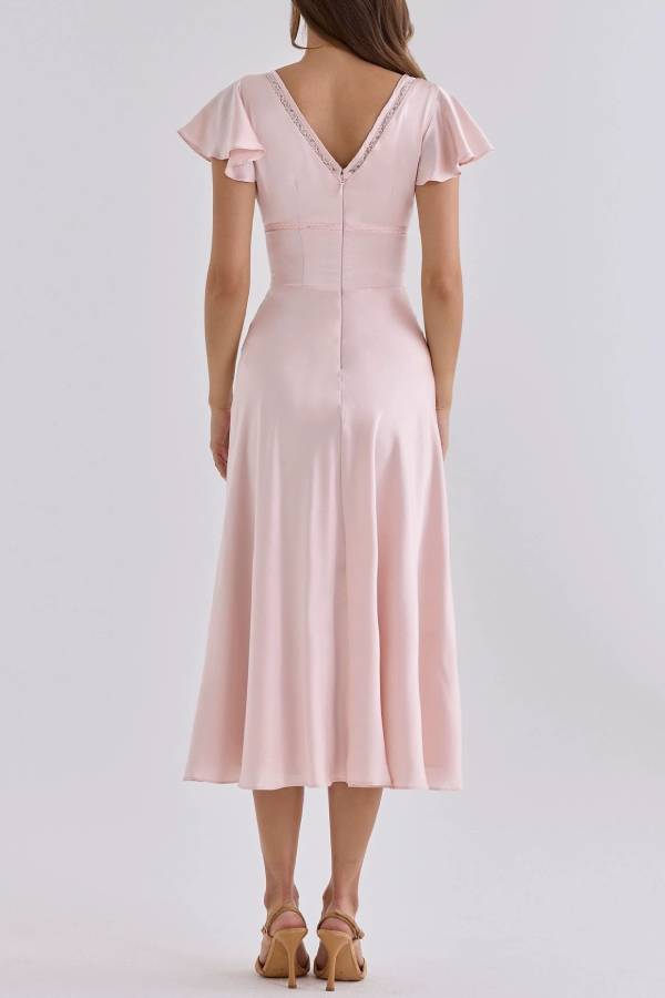 Lace Trim V Neck Flutter Sleeve Satin Midi Dress