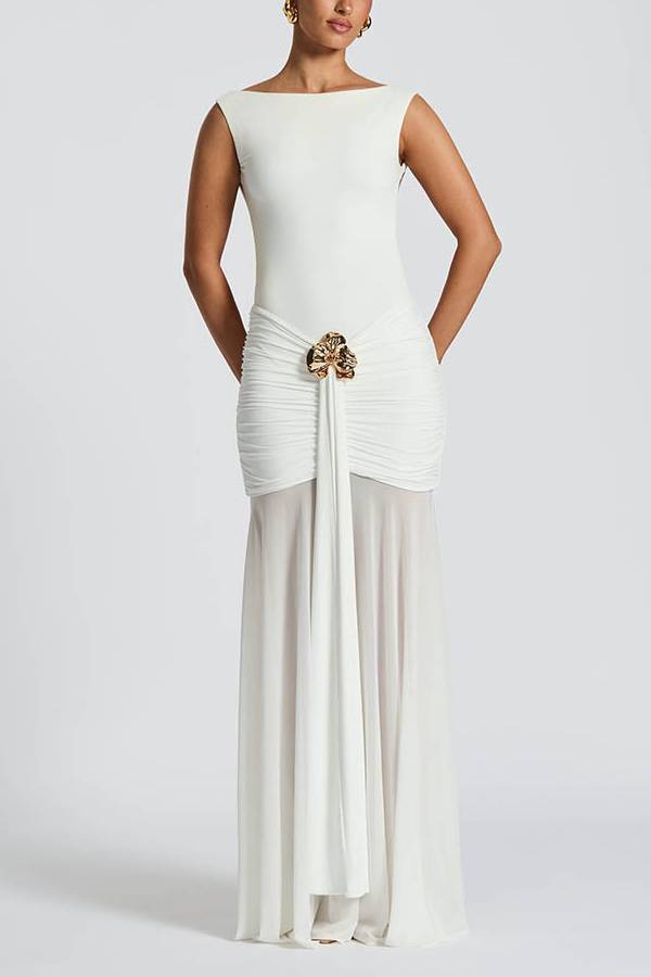 Boat Neck Open Back Metallic Flower Ruched Mesh Mermaid Maxi Gown