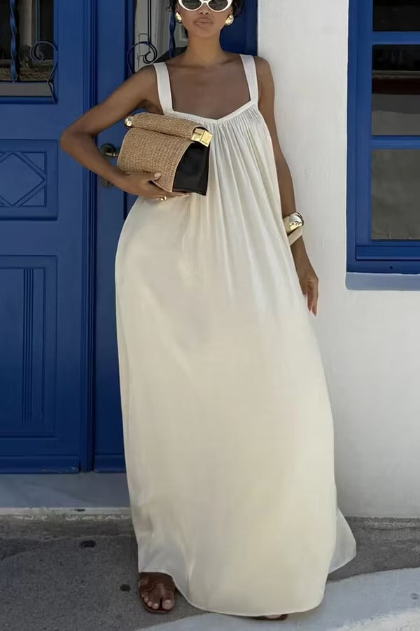 Pearlescent Luster Satin Wide Strap Open Back Loose Maxi Dress