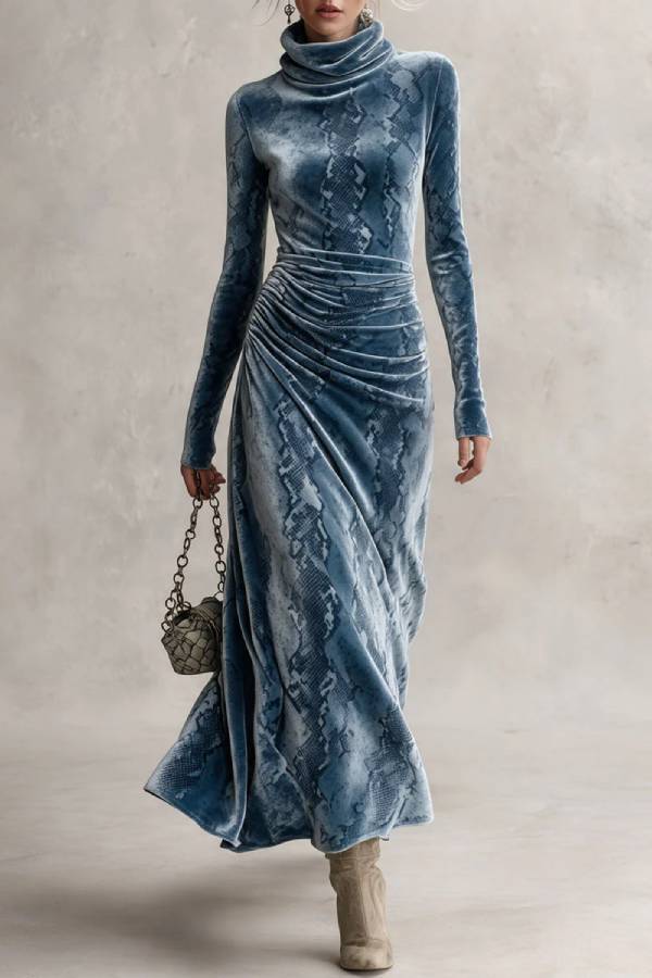 Blue Snake Print Velvet Turtleneck Long Sleeve Maxi Dress