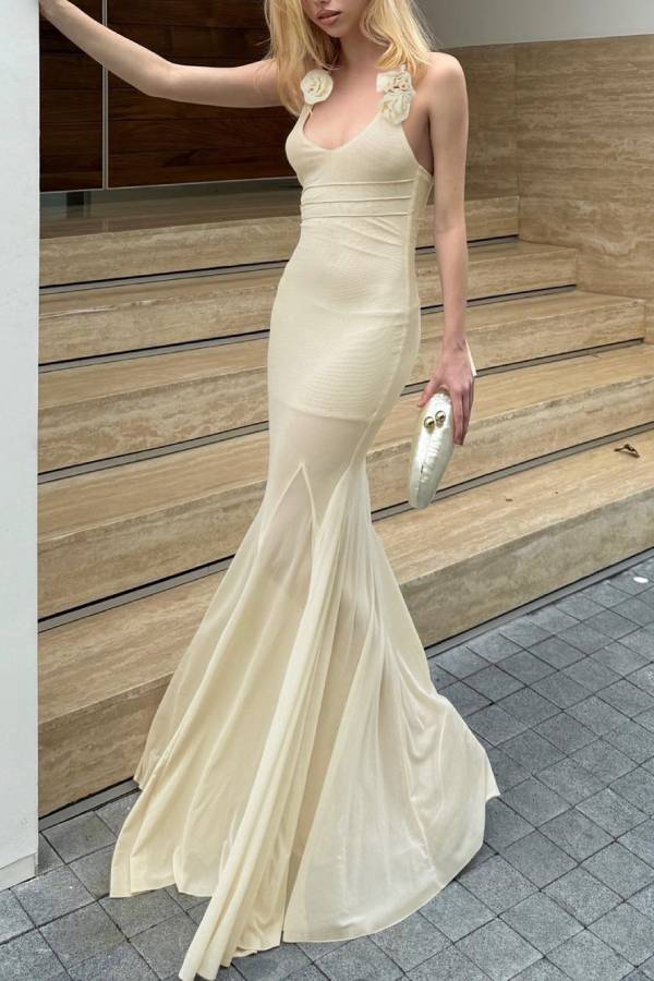 Cream 3D Rose Mesh Bodycon Mermaid Maxi Dress