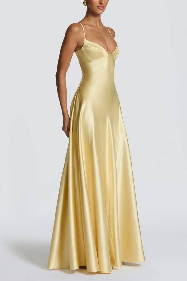 Asterin Satin V-neck Back Lace-up Slip Flare Maxi Dress