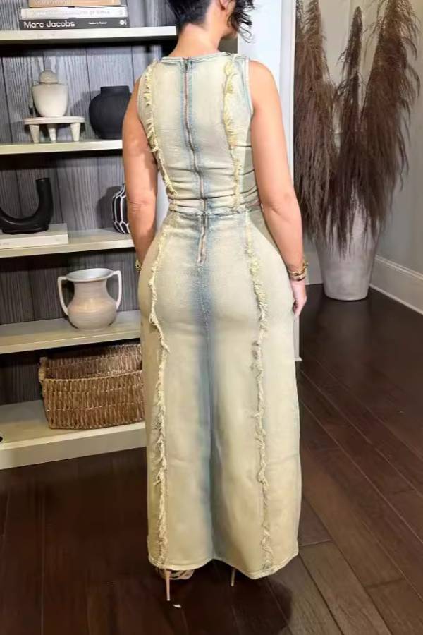 Distressed Sleeveless Top + Slit Long Skirt Two-Piece Set