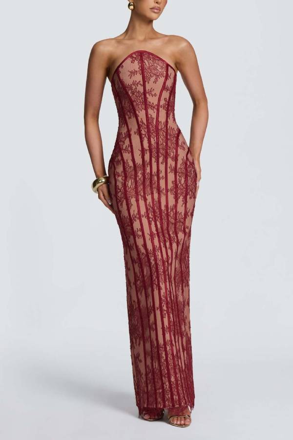 Strapless Lace Corset Lace‑Up Back Maxi Evening Gown