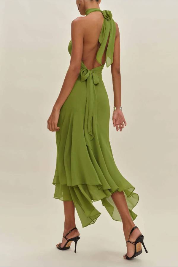 Halter Neck Cut-Out Backless Asymmetric Midi Dress