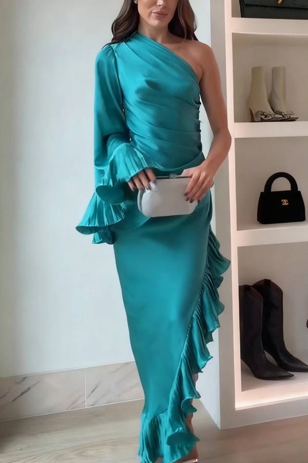 Elegant Satin One Shoulder Sleeve Pleated Ruffles Trim Ruched Asymmetrical Maxi Dress