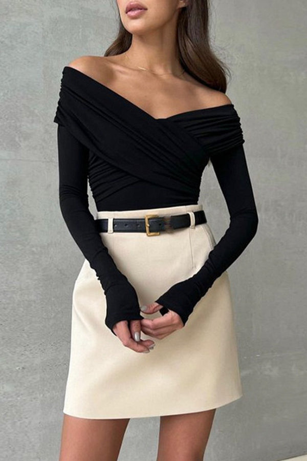 V Neck Off Shoulder Wrapped Ruched Slim Fit Bodysuit-White