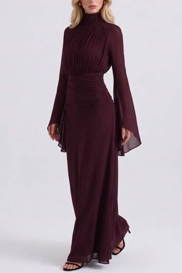 High Neck Pleated Bodice Flared Sleeve Ruched Maxi Evening Dress
