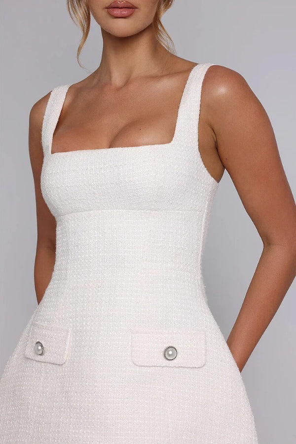 Square Neck Cinch Waist Faux Flap Pockets Mini Slip Dresses-White