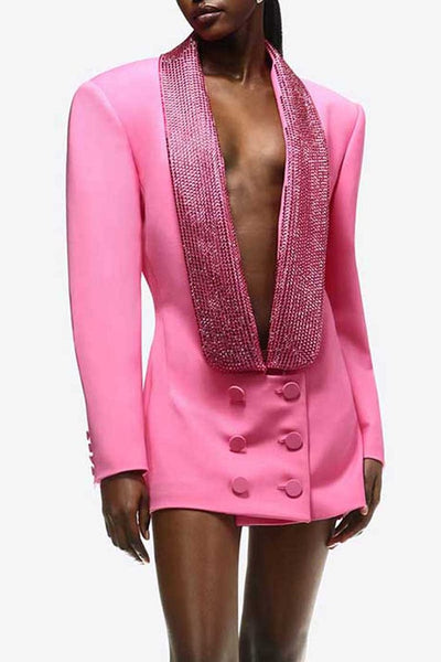 DEEP V NECK RHINESTONE DOUBLE BREASTED LONG SLEEVE BLAZER MINI DRESSES