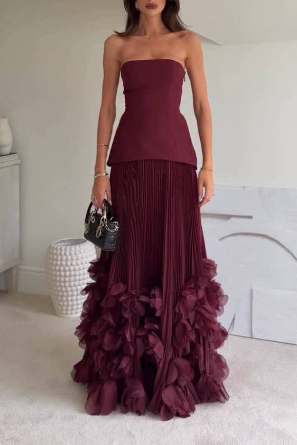 Strapless Corset Pleated Gown with Floral Hem