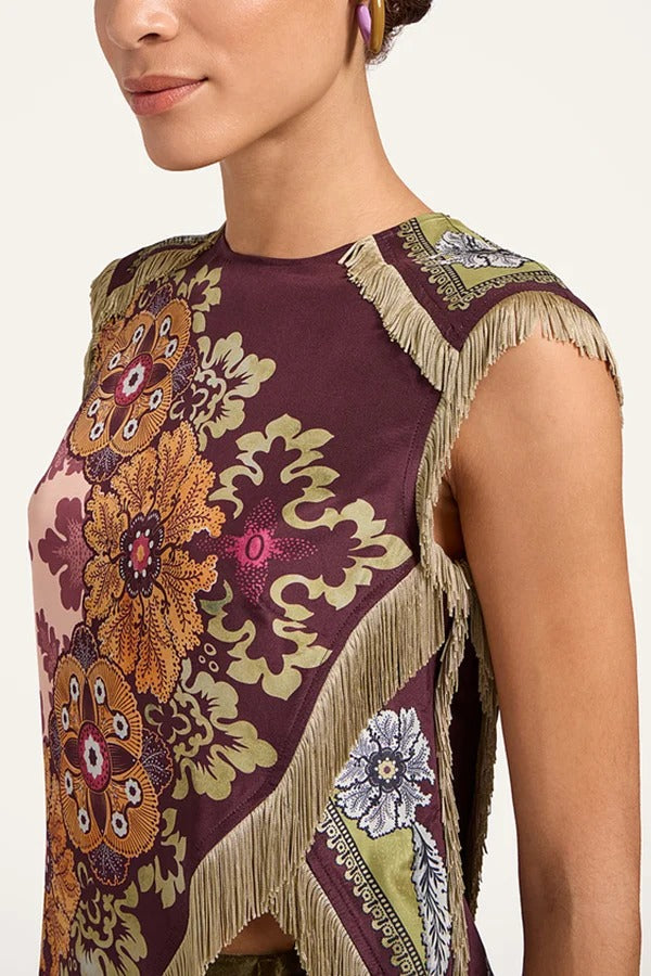 Stunning Floral Print Asymmetric Tassel Trim Scarf Top