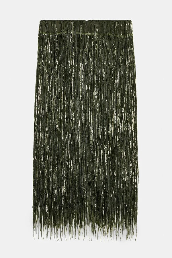 Party Crasher Layered Sequined Tassels High Rise Back Zipper Midi Skirt