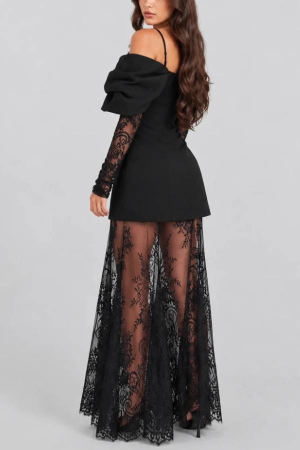 Women Black Cold Shoulder Bow Mini Dress and Sheer Lace Maxi Skirt Two Piece Set
