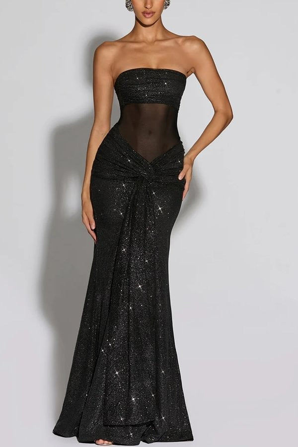 Paula Sequined Mesh and Jersey Off Shoulder Ruched Knot Drape Shawl Maxi Dress