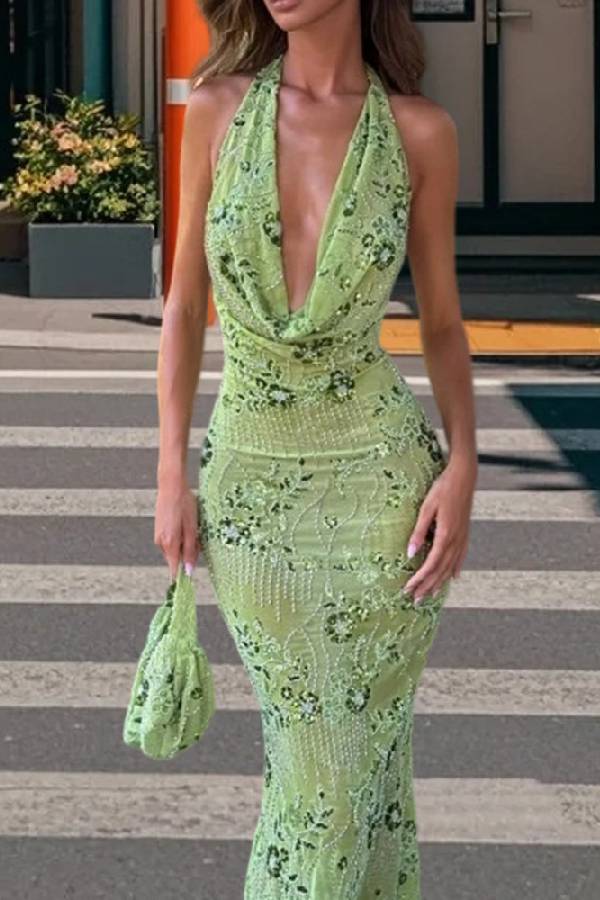 Halter Cowl Neck Rhinestone Floral Mermaid Maxi Dress