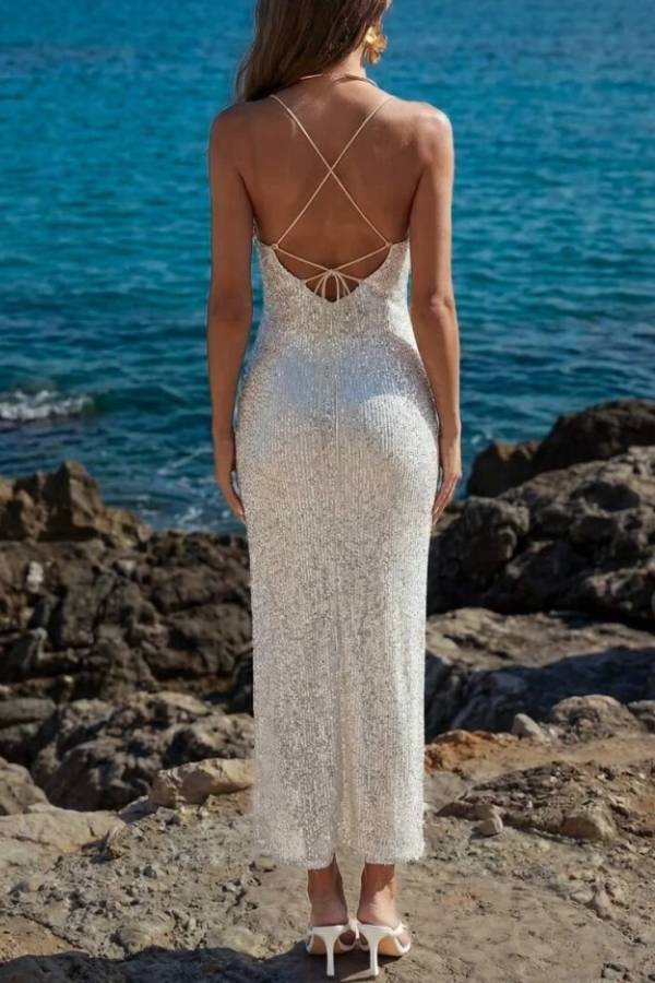 Sparkling Sequin Spaghetti Strap Scoop Neck Slim Fit Maxi Slip Dress