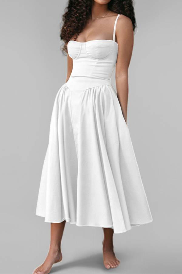 French Corset Spaghetti Strap Full Skirt Midi Dress
