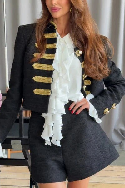 Theatrical Gold-woven Trim Metal Buttons Long Sleeve Crop Jacket