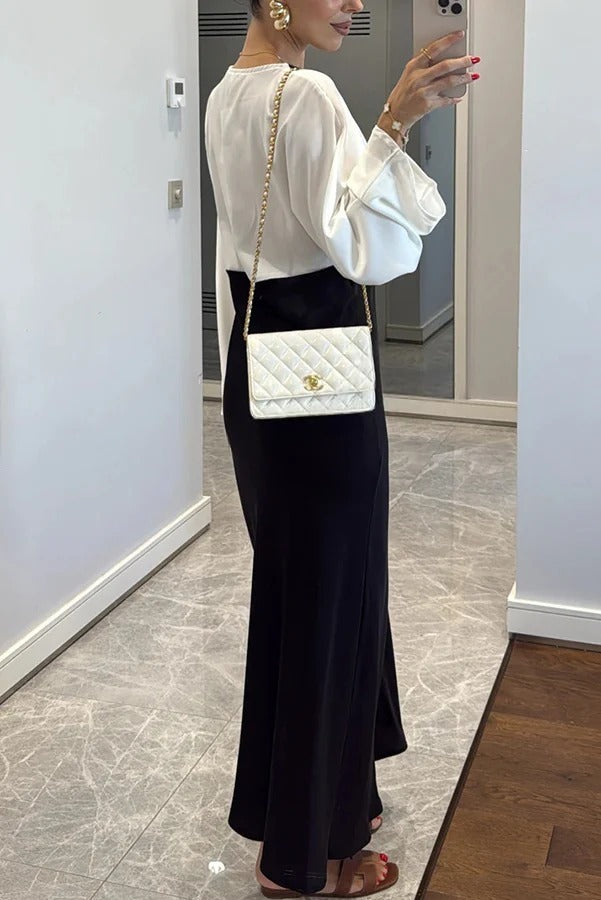 Lainei Contrast Color Satin Lace Trim V-neck Long Sleeve Maxi Dress