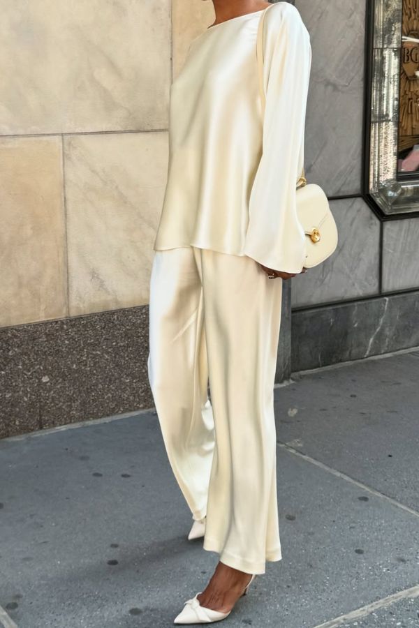 Silky and Elegant Satin Wide Neck Long Sleeve Loose Top and Elastic Waist Wide Leg Pants Set