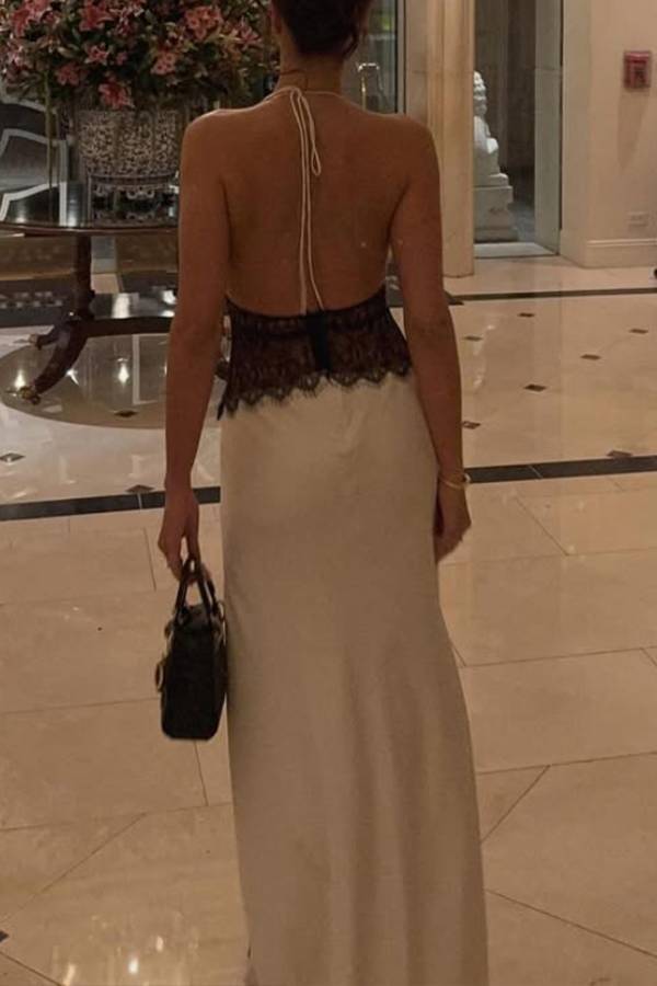 Halter Deep V Lace-Trim Satin Evening Gown
