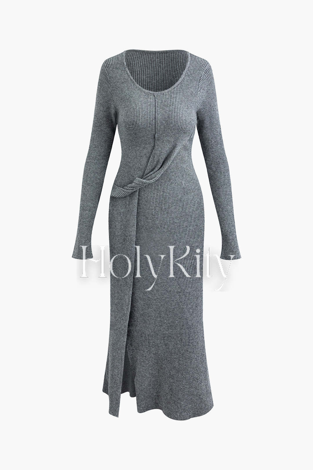 Robe à manches longues en tricot côtelé à col en U et détails torsadés