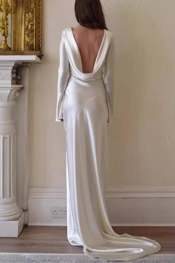 Satin Cowl-Back Long-Sleeve Fitted Mermaid Gown