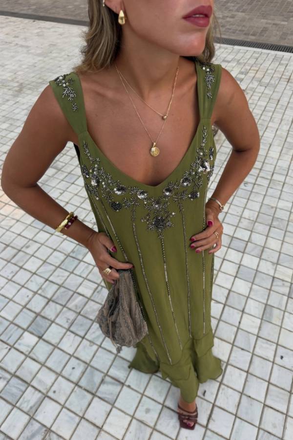 Olive Green Beaded Sequin Maxi Dress V Neck Sleeveless Evening Party Dress