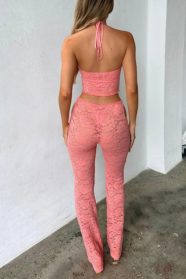Halter Cut Out O-Ring Crop Top Lace Pants Matching Set