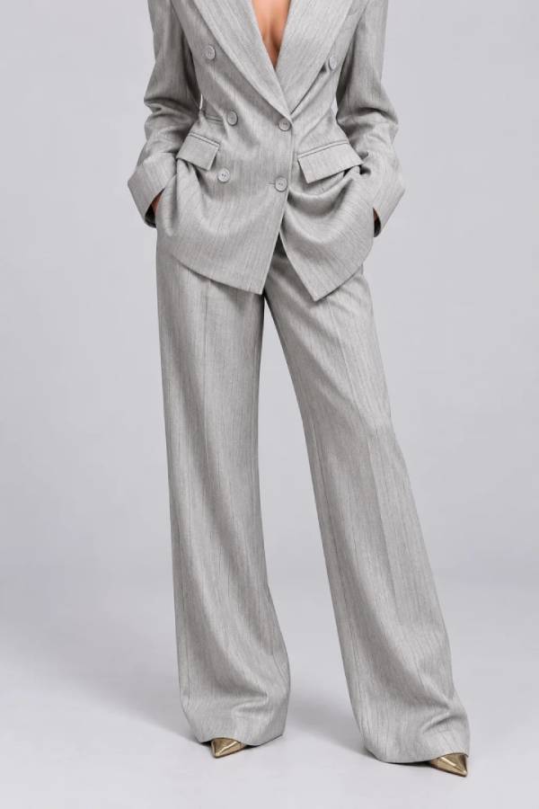 Grey Pinstripe Double-Breasted Blazer and Wide-Leg Pants Two-Piece Suit Set