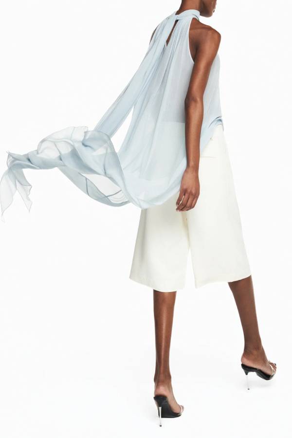 Light Blue Halter Chiffon Top & Lace Shorts Two‑Piece Set