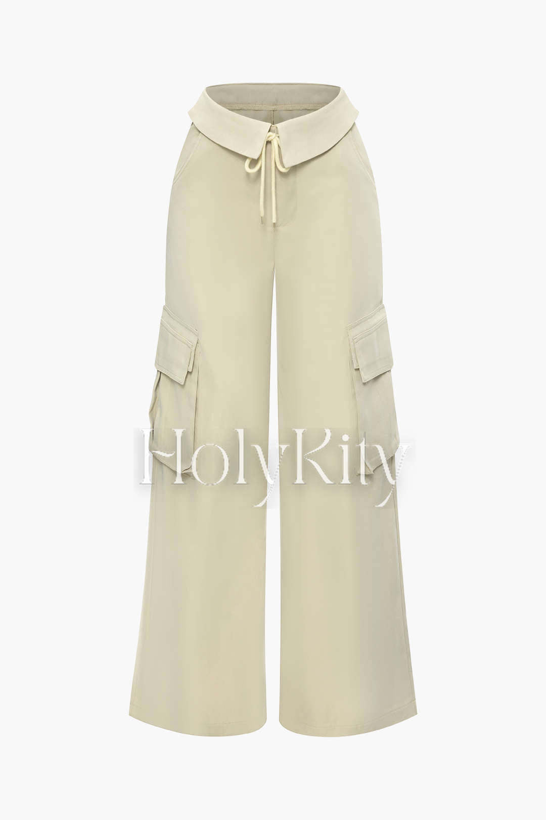 Foldover Tie Waist Flap Pocket Wide Leg Pants