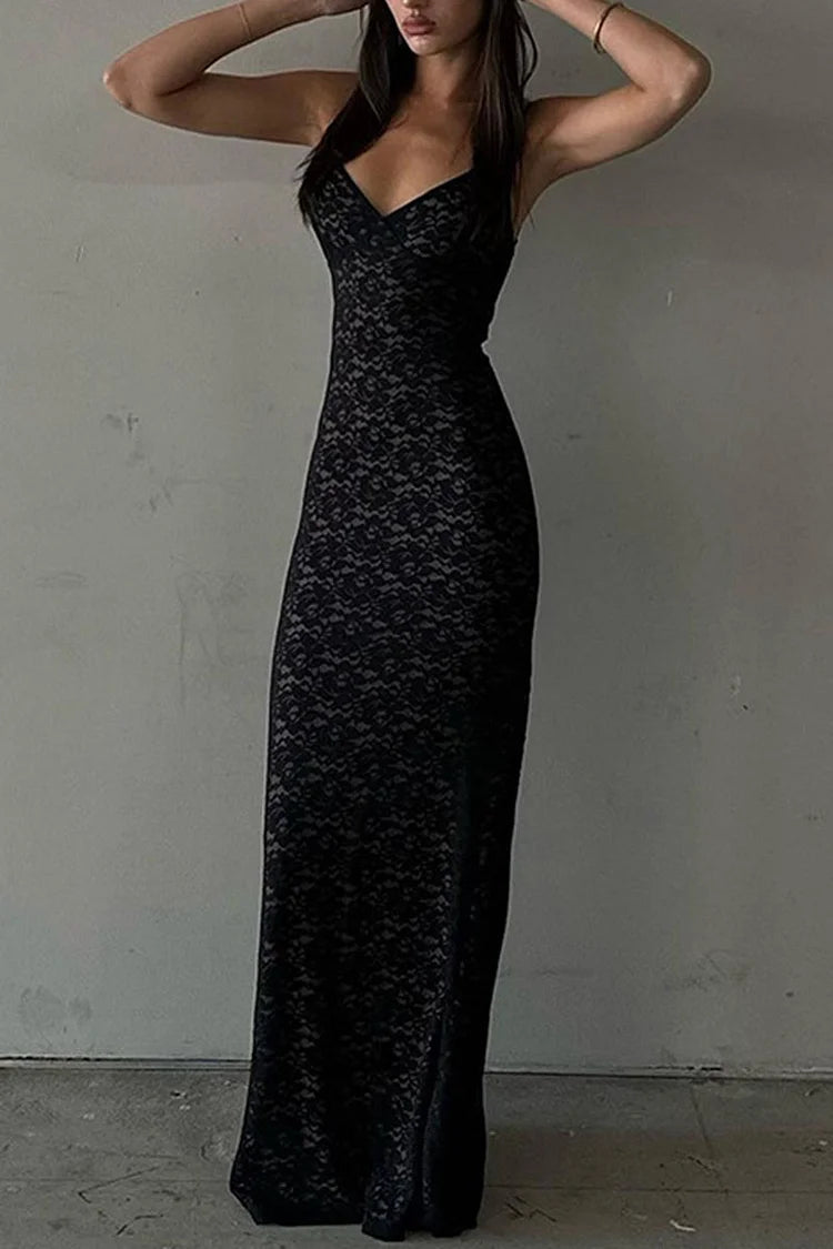 Robe longue moulante en dentelle guipure à col en V pour fête d'anniversaire - Noir 