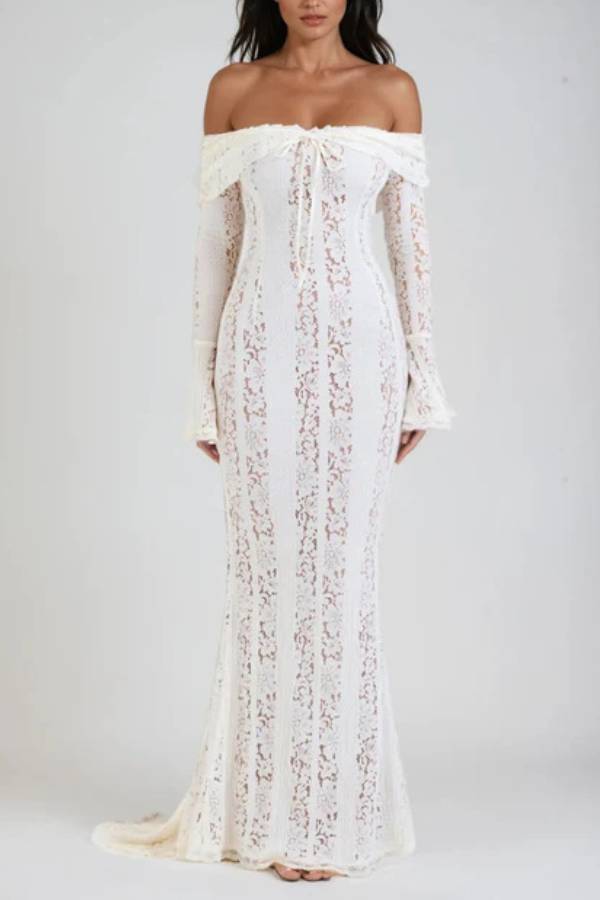 Off‑Shoulder Lace Flare Sleeve Mermaid Evening Gown