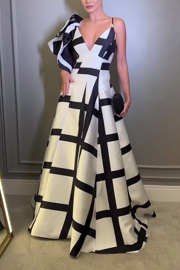 Black White Grid Satin Evening Gown Deep V Spaghetti Strap Big Bow A-Line Maxi Formal Dress