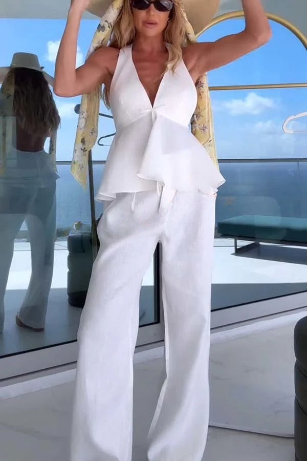 Sakai Linen Blend Bow Ruffle Hem Halter Top and High Rise Pocket Wide Leg Pants Set