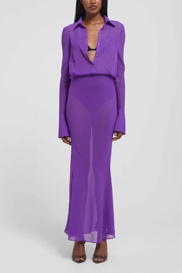 Ember Lightweight and Sheer Fabric Button Up Long Sleeve Shirt Maxi Dress