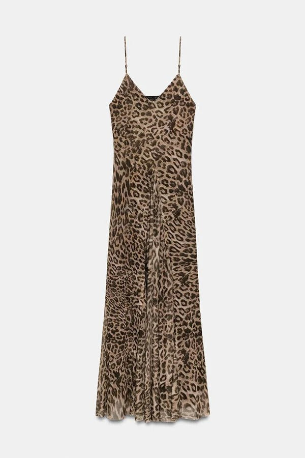 Jaycie Tulle Leopard Print V-neck Pleated A-line Hem Slip Maxi Dress