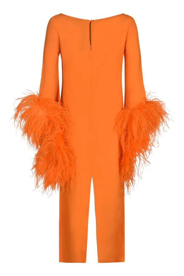 Orange Long Sleeve Feather Trim Cuff Boat Neck Column Midi Dress