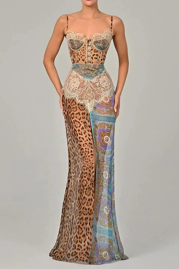 Chiffon Leopard Print Sexy Lace Splicing High Slit Slim Maxi Dress
