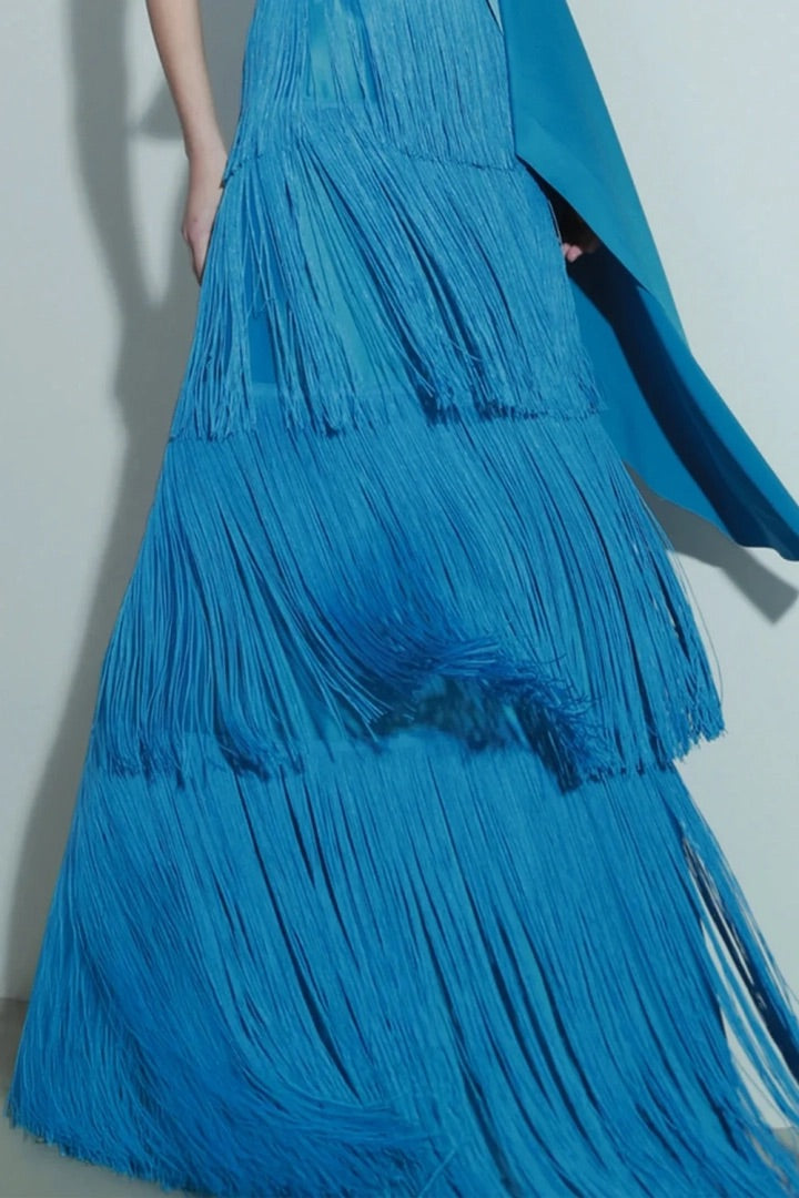 One Shoulder Cape Top and Tiered Fringe Maxi Skirt Two Piece Set