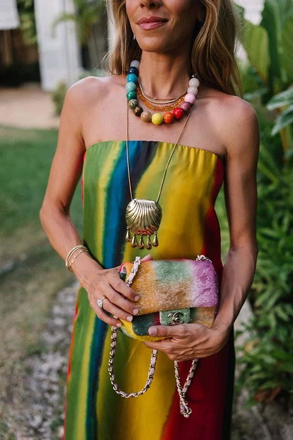 Artistic Rainbow Satin Watercolor Print Off Shoulder Pocketed H-line Maxi Dress