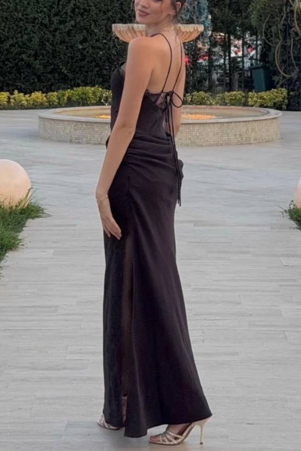 Women's Black Halter Lace Trim Ruched Evening Maxi Dress with Slit