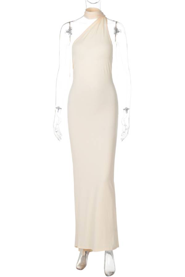 One-shoulder backless long dress with train