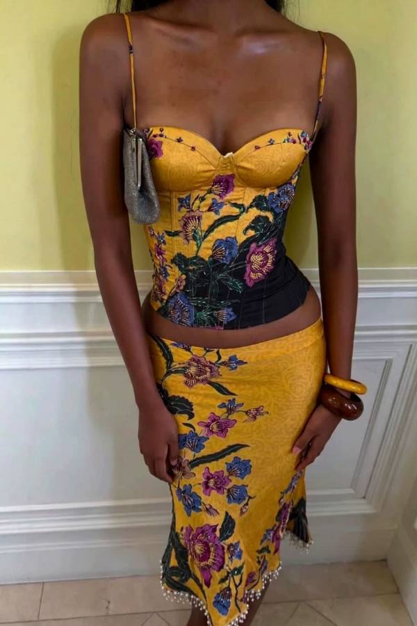 Vintage Floral Print Cami Corset & Pearl Trim Midi Skirt Two-Piece Set